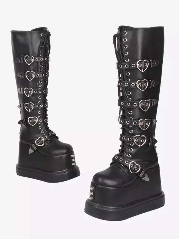Gothic Lolita Boots PU Leather Round Toe Black Wedge Heel Lolita Shoes