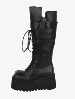 Gothic Lolita Boots PU Leather Metallic Grommets Round Toe Black Lolita Footwear