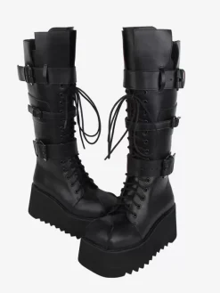 Gothic Lolita Boots PU Leather Metallic Grommets Round Toe Black Lolita Footwear