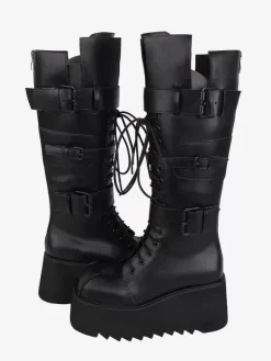Gothic Lolita Boots PU Leather Metallic Grommets Round Toe Black Lolita Footwear