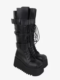 Gothic Lolita Boots PU Leather Metallic Grommets Round Toe Black Lolita Footwear