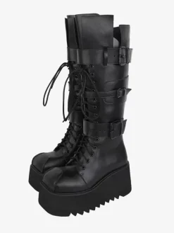 Gothic Lolita Boots PU Leather Metallic Grommets Round Toe Black Lolita Footwear