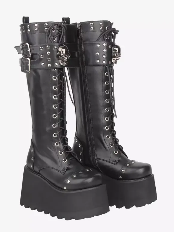 Gothic Lolita Boots PU Leather Round Toe Black Wedge Heel Platform Lolita Shoes