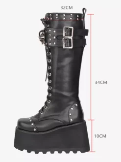 Gothic Lolita Boots PU Leather Round Toe Black Wedge Heel Platform Lolita Shoes