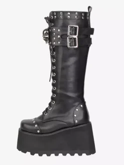 Gothic Lolita Boots PU Leather Round Toe Black Wedge Heel Platform Lolita Shoes