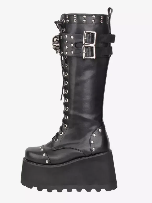 Gothic Lolita Boots PU Leather Round Toe Black Wedge Heel Platform Lolita Shoes