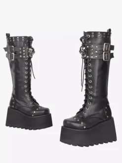 Gothic Lolita Boots PU Leather Round Toe Black Wedge Heel Platform Lolita Shoes