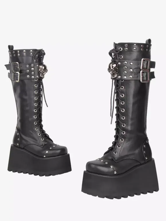 Gothic Lolita Boots PU Leather Round Toe Black Wedge Heel Platform Lolita Shoes
