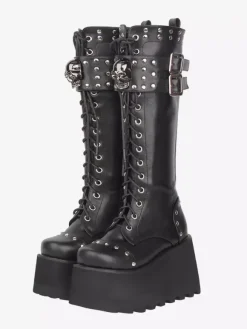 Gothic Lolita Boots PU Leather Round Toe Black Wedge Heel Platform Lolita Shoes