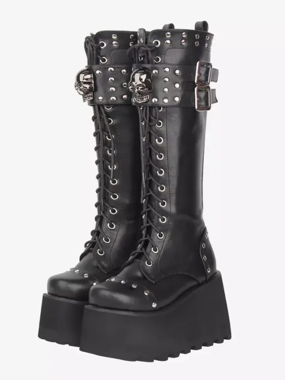 Gothic Lolita Boots PU Leather Round Toe Black Wedge Heel Platform Lolita Shoes