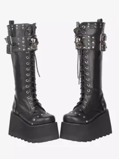 Gothic Lolita Boots PU Leather Round Toe Black Wedge Heel Platform Lolita Shoes