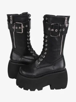 Gothic Lolita Boots PU Leather PU Round Toe Black Lolita Footwear