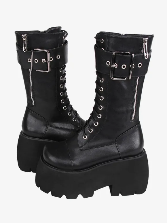 Gothic Lolita Boots PU Leather PU Round Toe Black Lolita Footwear