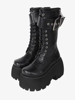 Gothic Lolita Boots PU Leather PU Round Toe Black Lolita Footwear