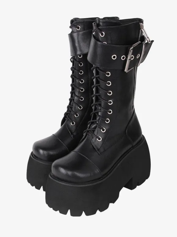 Gothic Lolita Boots PU Leather PU Round Toe Black Lolita Footwear
