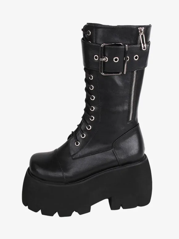 Gothic Lolita Boots PU Leather PU Round Toe Black Lolita Footwear