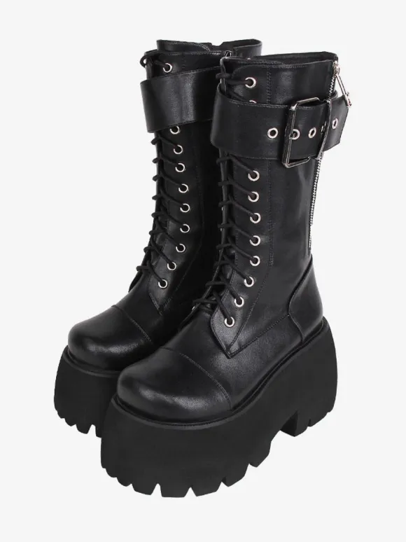 Gothic Lolita Boots PU Leather PU Round Toe Black Lolita Footwear