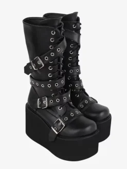 Gothic Lolita Boots PU Leather Metallic Grommets Round Toe Black Lolita Footwear