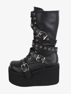 Gothic Lolita Boots PU Leather Metallic Grommets Round Toe Black Lolita Footwear