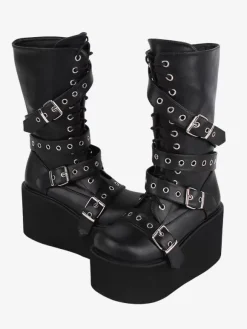 Gothic Lolita Boots PU Leather Metallic Grommets Round Toe Black Lolita Footwear