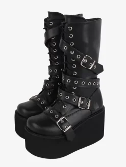 Gothic Lolita Boots PU Leather Metallic Grommets Round Toe Black Lolita Footwear