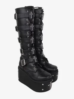 Gothic Lolita Boots PU Leather Metallic Grommets Rivets Round Toe Black Lolita Footwear