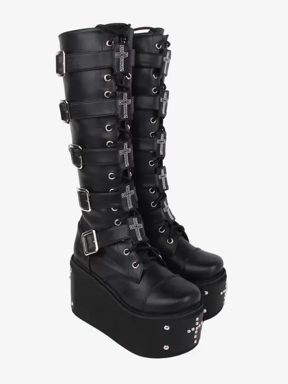 Gothic Lolita Boots PU Leather Metallic Grommets Rivets Round Toe Black Lolita Footwear