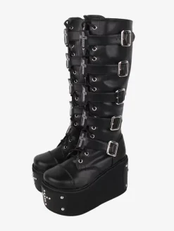 Gothic Lolita Boots PU Leather Metallic Grommets Rivets Round Toe Black Lolita Footwear