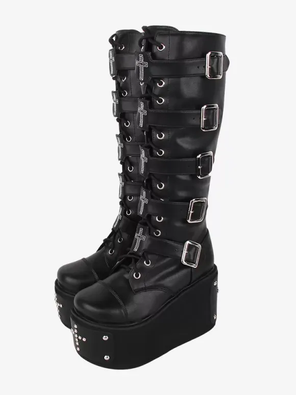 Gothic Lolita Boots PU Leather Metallic Grommets Rivets Round Toe Black Lolita Footwear