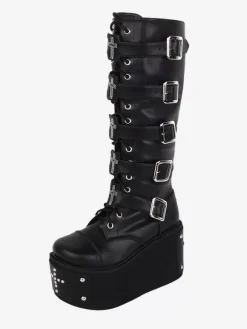 Gothic Lolita Boots PU Leather Metallic Grommets Rivets Round Toe Black Lolita Footwear