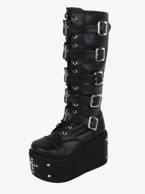 Gothic Lolita Boots PU Leather Metallic Grommets Rivets Round Toe Black Lolita Footwear