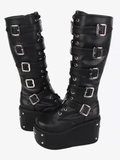 Gothic Lolita Boots PU Leather Metallic Grommets Rivets Round Toe Black Lolita Footwear