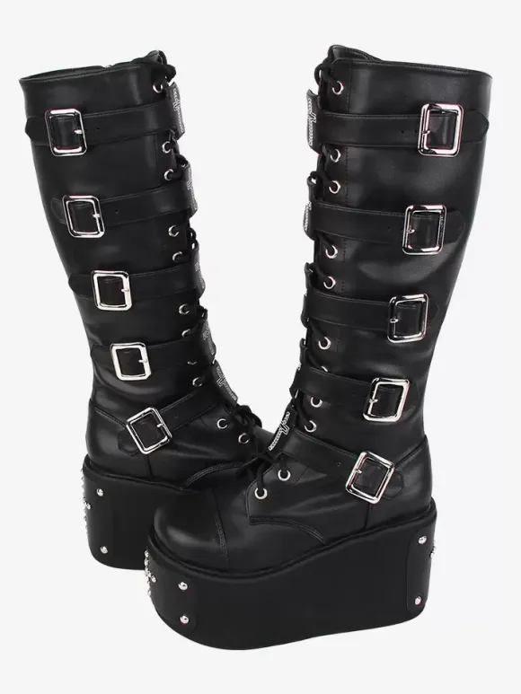 Gothic Lolita Boots PU Leather Metallic Grommets Rivets Round Toe Black Lolita Footwear