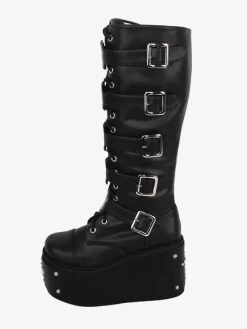 Gothic Lolita Boots PU Leather Metallic Grommets Rivets Round Toe Black Lolita Footwear