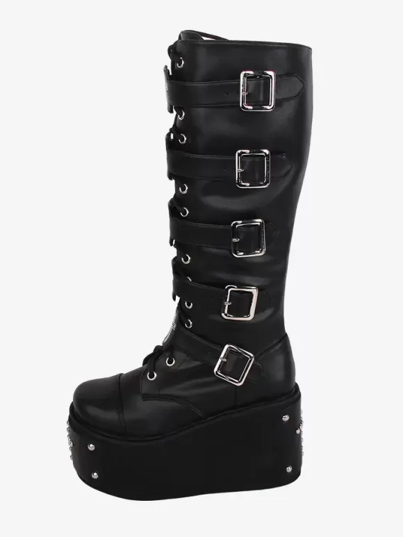 Gothic Lolita Boots PU Leather Metallic Grommets Rivets Round Toe Black Lolita Footwear