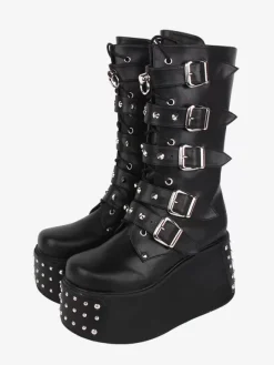Gothic Lolita Boots PU Leather Metallic Grommets Round Toe Black Lolita Footwear