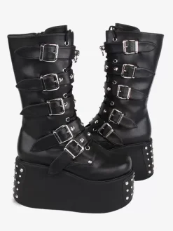 Gothic Lolita Boots PU Leather Metallic Grommets Round Toe Black Lolita Footwear