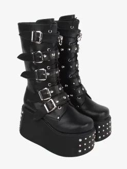 Gothic Lolita Boots PU Leather Metallic Grommets Round Toe Black Lolita Footwear