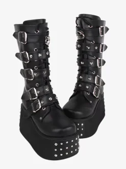 Gothic Lolita Boots PU Leather Metallic Grommets Round Toe Black Lolita Footwear