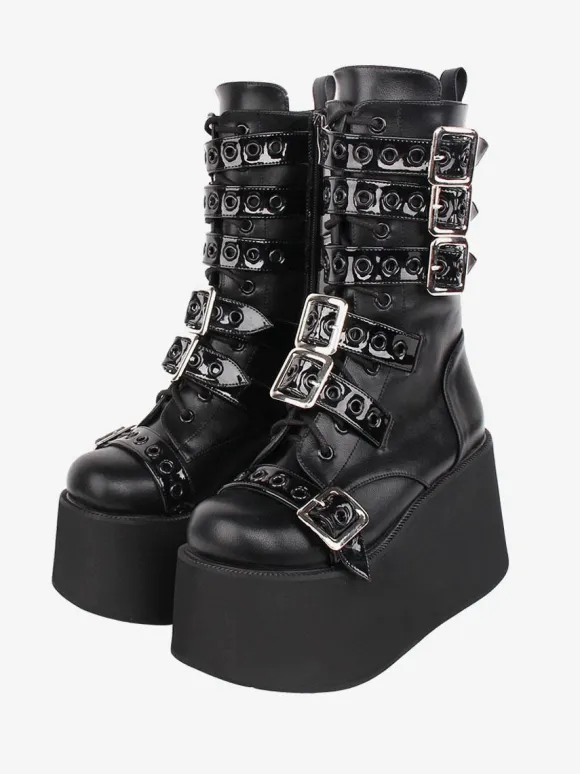Gothic Lolita Boots PU Leather Two-Tone Grommets Round Toe Black Lolita Footwear
