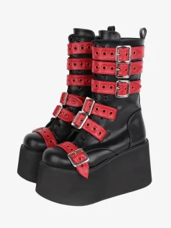 Gothic Lolita Boots PU Leather Two-Tone Grommets Round Toe Black Lolita Footwear