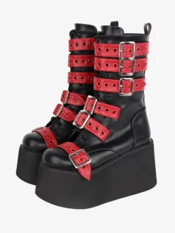 Gothic Lolita Boots PU Leather Two-Tone Grommets Round Toe Black Lolita Footwear