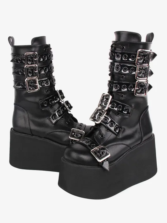Gothic Lolita Boots PU Leather Two-Tone Grommets Round Toe Black Lolita Footwear