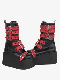 Gothic Lolita Boots PU Leather Two-Tone Grommets Round Toe Black Lolita Footwear