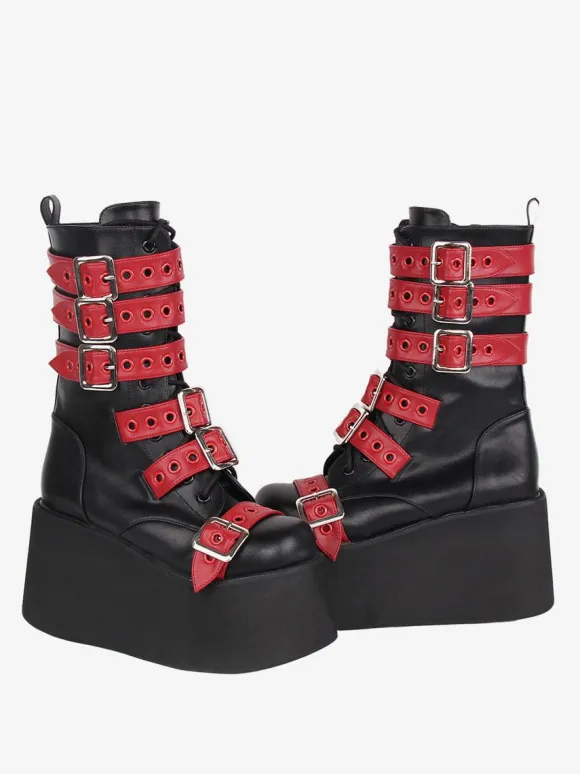 Gothic Lolita Boots PU Leather Two-Tone Grommets Round Toe Black Lolita Footwear
