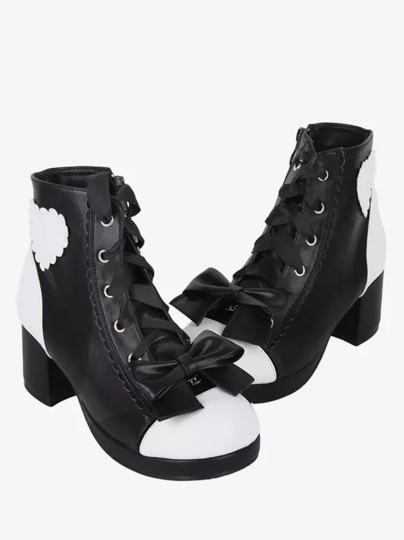 Gothic Lolita Boots PU Leather Floral Print Rivets Open Toe Black Lolita Footwear
