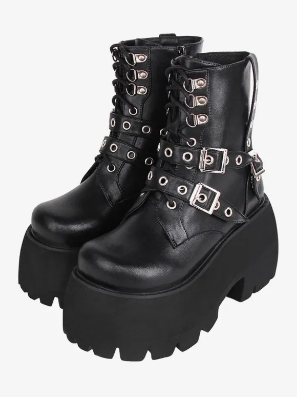 Gothic Lolita Boots PU Leather PU Round Toe Black Lolita Footwear