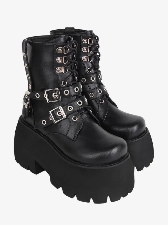 Gothic Lolita Boots PU Leather PU Round Toe Black Lolita Footwear