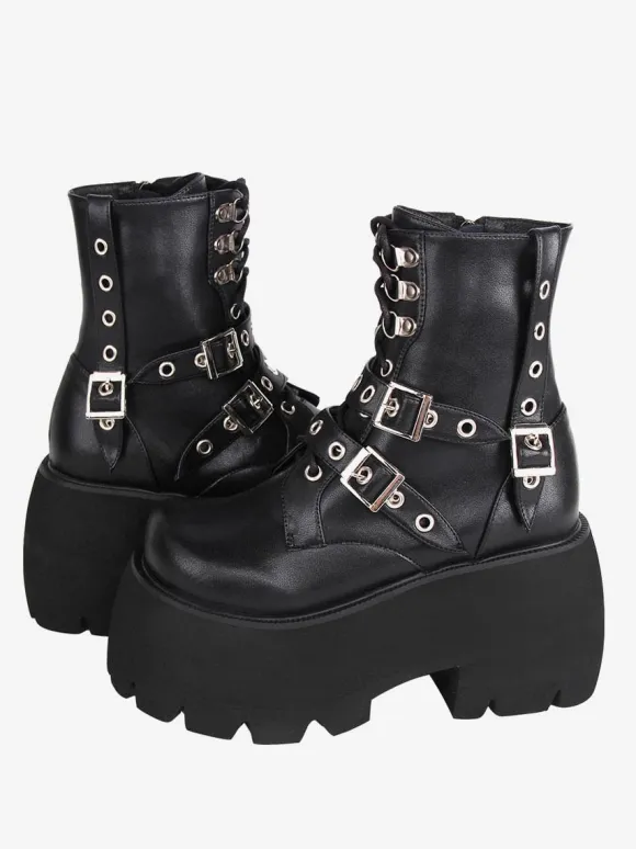 Gothic Lolita Boots PU Leather PU Round Toe Black Lolita Footwear
