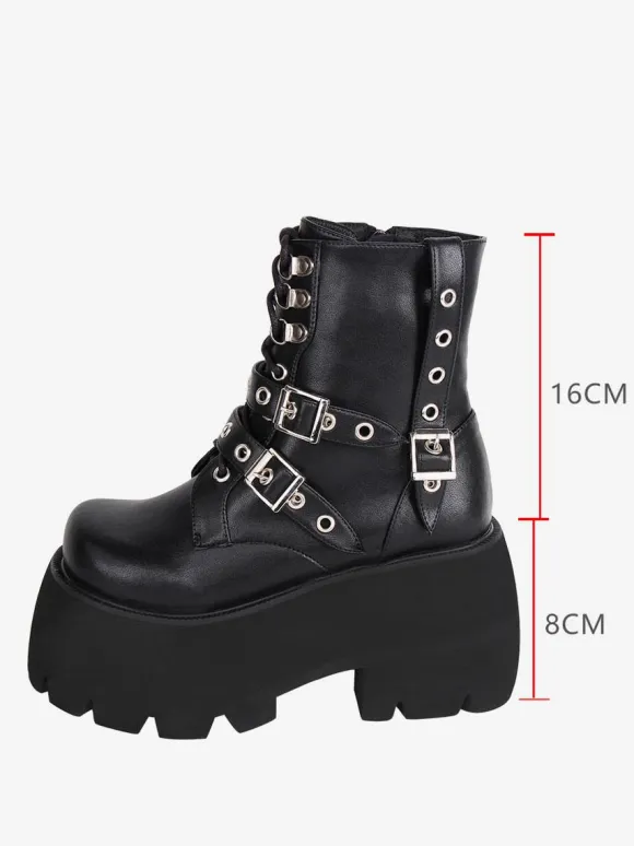Gothic Lolita Boots PU Leather PU Round Toe Black Lolita Footwear